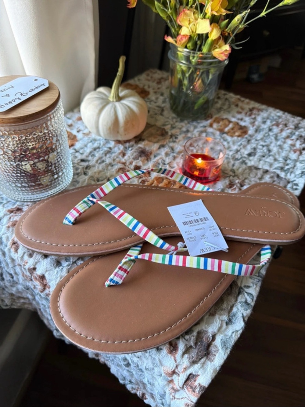 J. Crew Tan Flip Flop Sandals with Rainbow Striped Straps